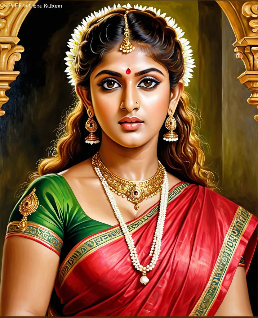Looks like Nayanthara, exotic Indian art, oviyar maruthi style painting, Masterpiece, Beautiful Thick Woman, Best quality, high clarity eyes, critically flawless,sharp picture, Full portrait, High pixels, perfect face, perfect eyes, beautiful face, perfect hands,perfect fingers, in Peter Paul Rubens style, by Peter Paul Rubens, baroque style, acrylic on canvas, highly detailed, description: "Create a nymph inspired by the tales of Greek or Roman mythology, embodying the essence of a natural element or location, and possessing a unique ability or trait that sets her apart."