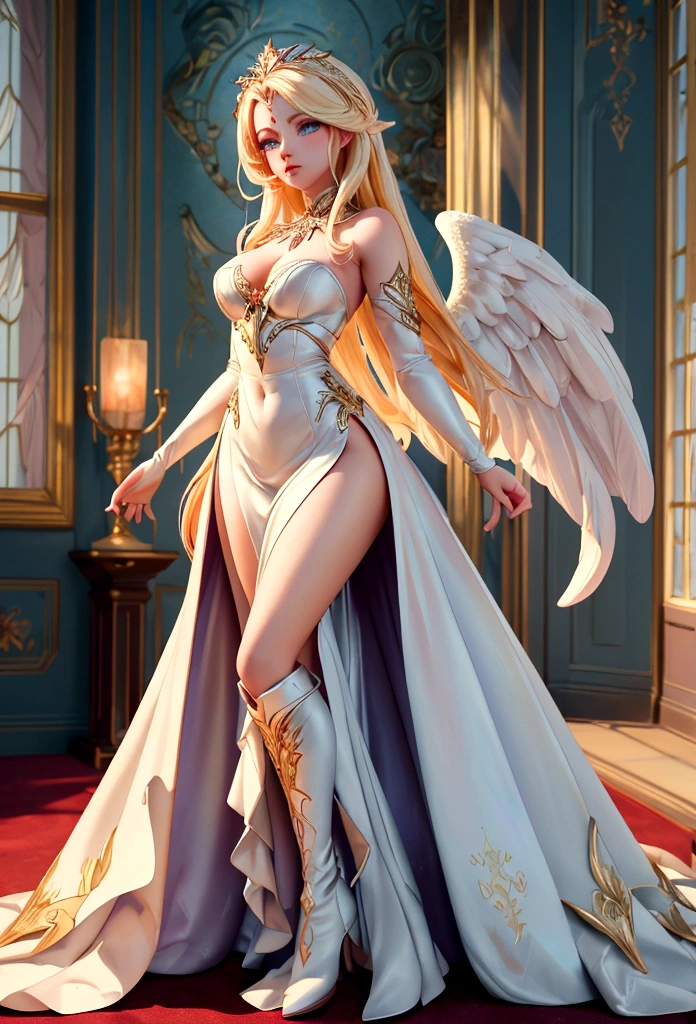 Arafed, a picture of a female angel in high society prom event, divine beautiful female angel, blond hair, long hair, flowing hair, the hair glows in a soft light, cerulean eyes, deep light eyes, divine beautiful face, folded white feather wings, she wears a ((red evening dress: 1.2)), elegant, intricate detailed dress, silk dress, she wears elegant knee high heeled boots, exquisite high heeled boots, she stands on the porch of a fantasy castle, dynamic angle, soft torch light, (Masterpiece: 1.5), 16k, highres, best quality, high details, ultra detailed, masterpiece, best quality, (extremely detailed), AngelStyle, GlowingRunesAI_paleblue, Angels Elemental, bj_Devil_angel