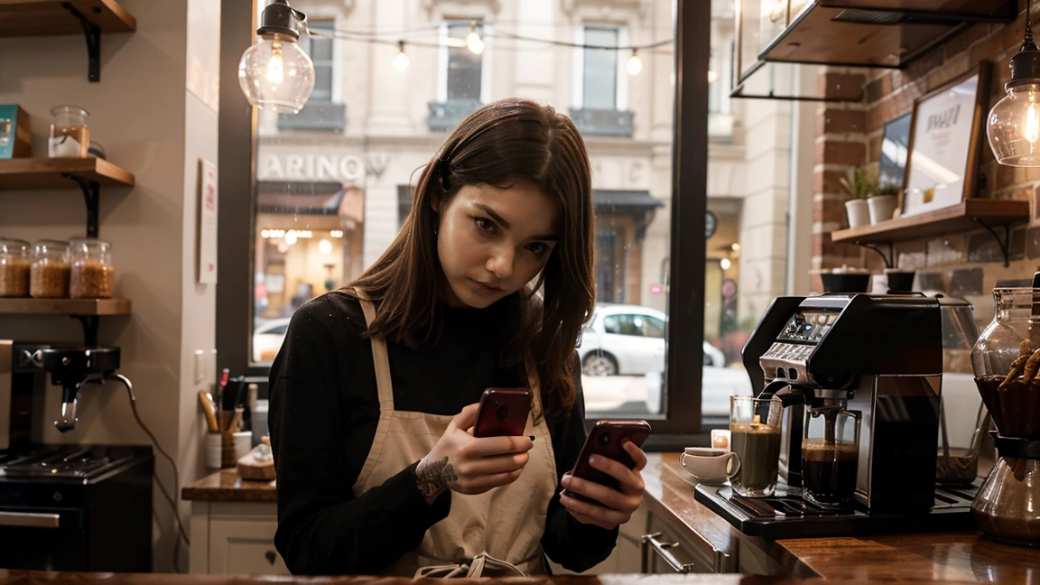 coffee shop interior, punk rock ginger girl barista focused on her iphone, looking down on her phone, interior, next to her theres a big window and its raininG. iT IS nighttime and the atmosphere is cozy lit and relaxing