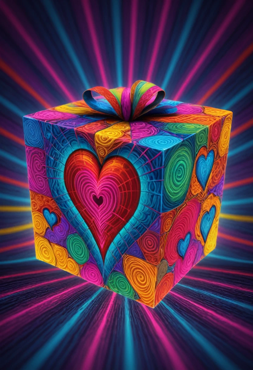 blurry background, hyper detailed, EPtiedyeworld, psychedelic, funky, retro, multicoloured, cloth, (cube:1.1), glowing heart symbol