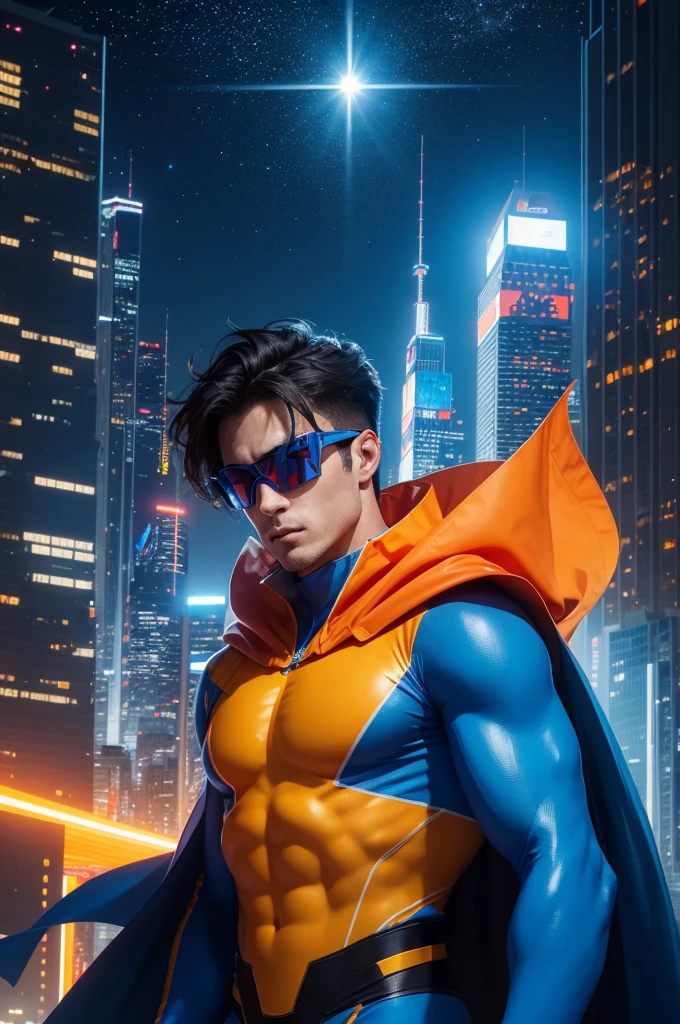A brave hero wears a cartoon costume with vibrant shades of orange, azul e amarelo. His uniform is covered in pixelated prints., revealing a futuristic and technological design. The hero sports a flowing cape as he surveys the city at night, with illuminated skyscrapers in the background. Bright light effects and color saturation.