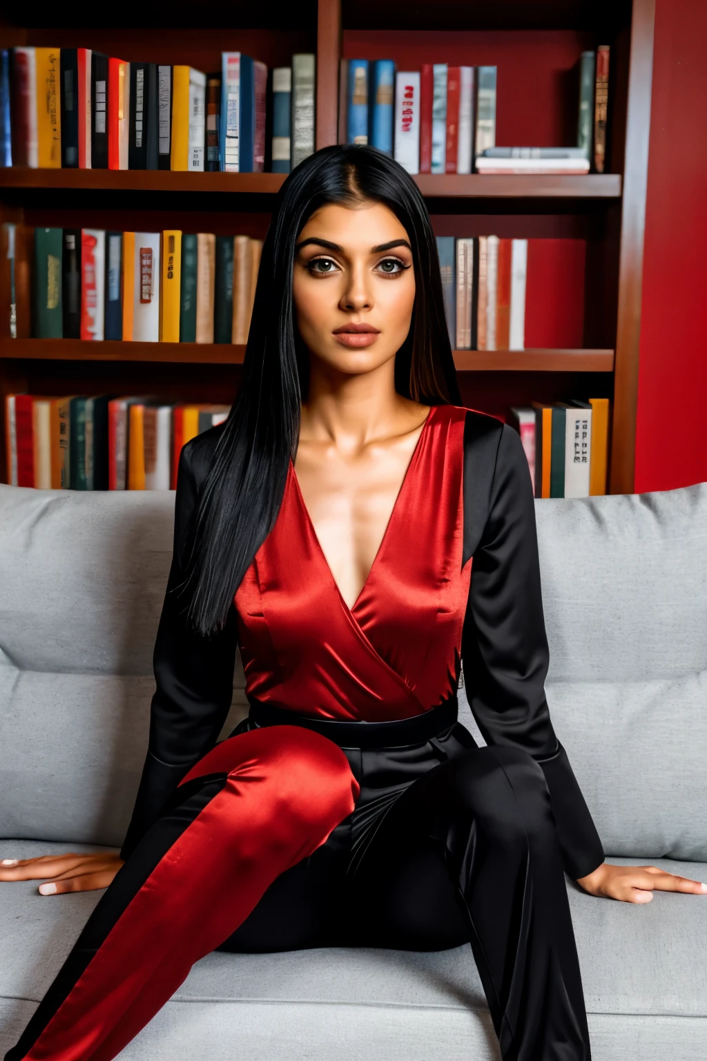 Indian lady, master part, 4K Ultra HD, sharp focus, Realistic, super detalhado, a Gura Gawr style girl in a stylized black and red jumpsuit, apenas parte superior, fechar, Mantenha o rosto do Gawr Gura, mais realista, sitting on a sofa with a bookshelf in the background.
