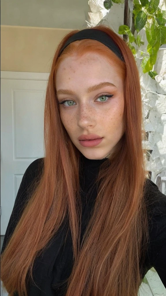 raw photo, (18yo redhead girl:1.2), graphic eyeliner, rouge, realistic skin texture, Freckles, green eyes, Pele branca clara, instagram style, Pale white skin, redhead pattern