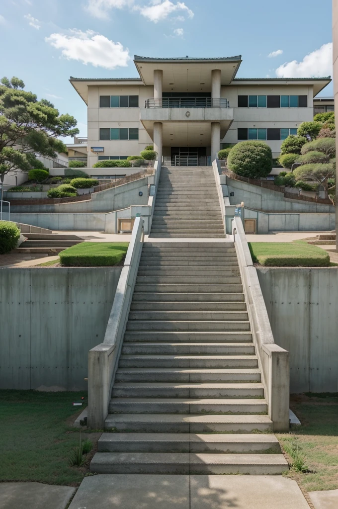 make me a very large Japanese high school backyard: school name raizen :long and wide concrete stairs: long distance view from under the stairs: school background: bright blue day: green grass around the stairs