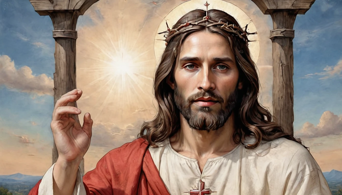 Create a detailed and realistic portrait of a historical figure Jesus with long hair and a beard, wearing a white and red outfit. The figure is portrayed with a compassionate look, one hand over the heart and the other raised in a gesture of blessing. and a crown of thorns surrounds the head. The background brings a sense of peace and harmony the sky is all around, in an 8k image style --ar 1920:1080 --s 1000 --v 6.0