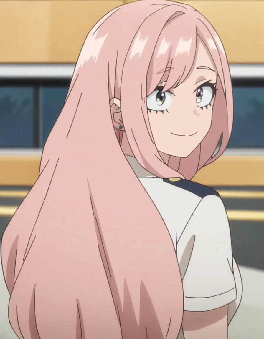 1girl, female focus, my hero academia screencap, boku no hero academia, pink hair, gold eyes, smiling, super long hair, cute, wearing my hero academia , no blazer, in UA school, cute earrings, bangs,
