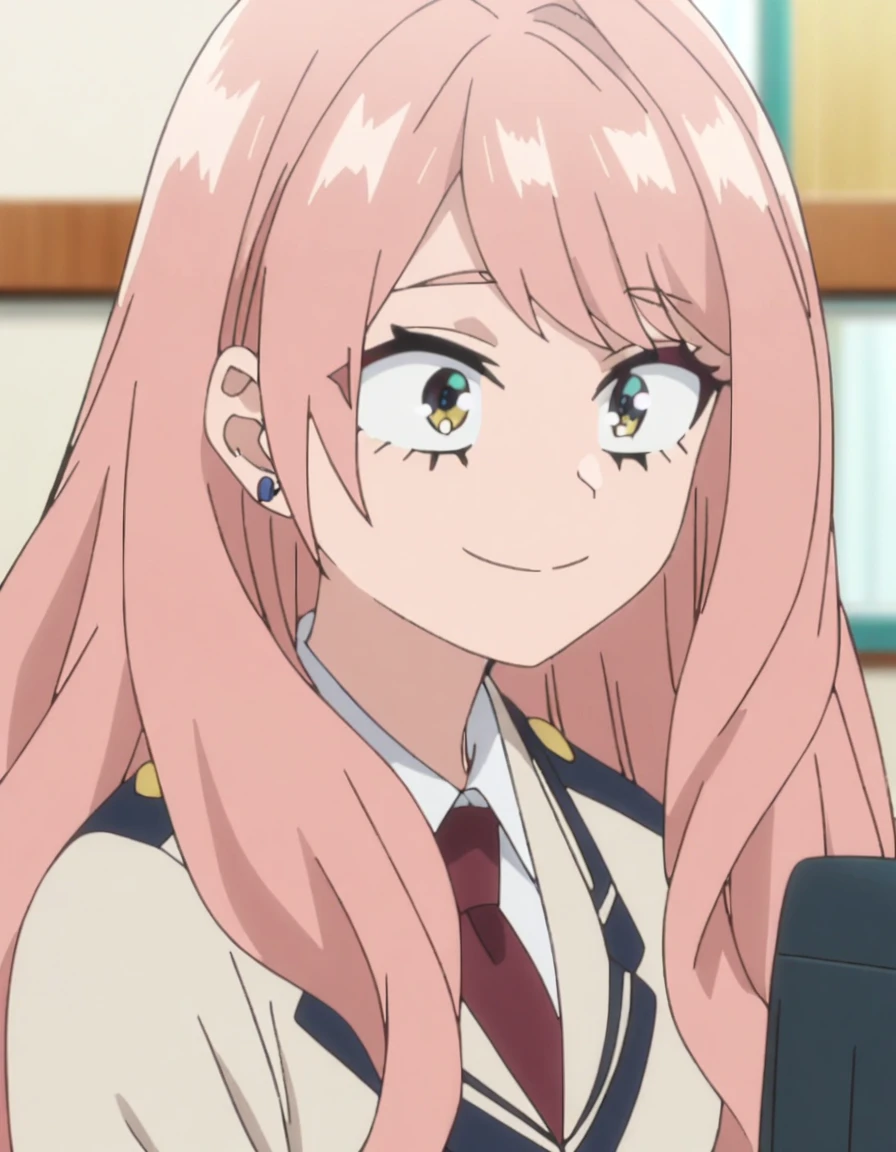 1girl, female focus, my hero academia screencap, boku no hero academia, pink hair, gold eyes, smiling, super long hair, cute, wearing my hero academia , no blazer, in UA school, cute earrings, bangs,
