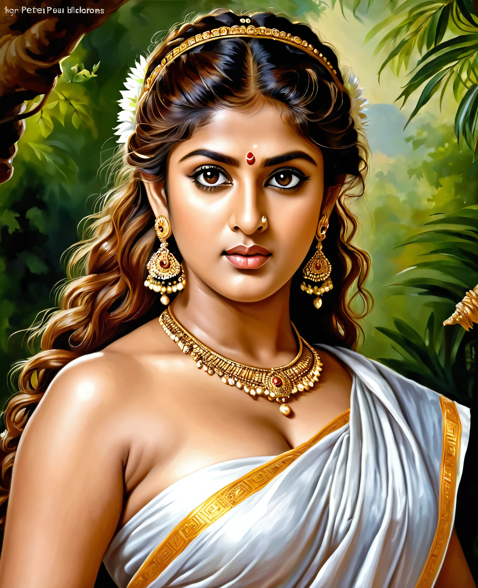 Looks like Nayanthara, exotic Indian art, oviyar maruthi style painting, Masterpiece, Beautiful Thick Woman, Best quality, high clarity eyes, critically flawless,sharp picture, Full portrait, High pixels, perfect face, perfect eyes, beautiful face, perfect hands,perfect fingers, in Peter Paul Rubens style, by Peter Paul Rubens, baroque style, acrylic on canvas, highly detailed, description: "Create a nymph inspired by the tales of Greek or Roman mythology, embodying the essence of a natural element or location, and possessing a unique ability or trait that sets her apart."