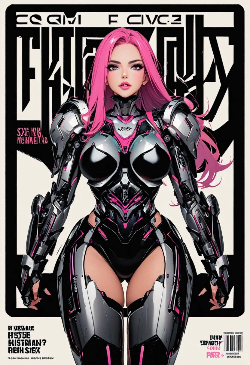 Feminine cyborg, magazine cover, poster art , hint of vibrant, bold sexy text