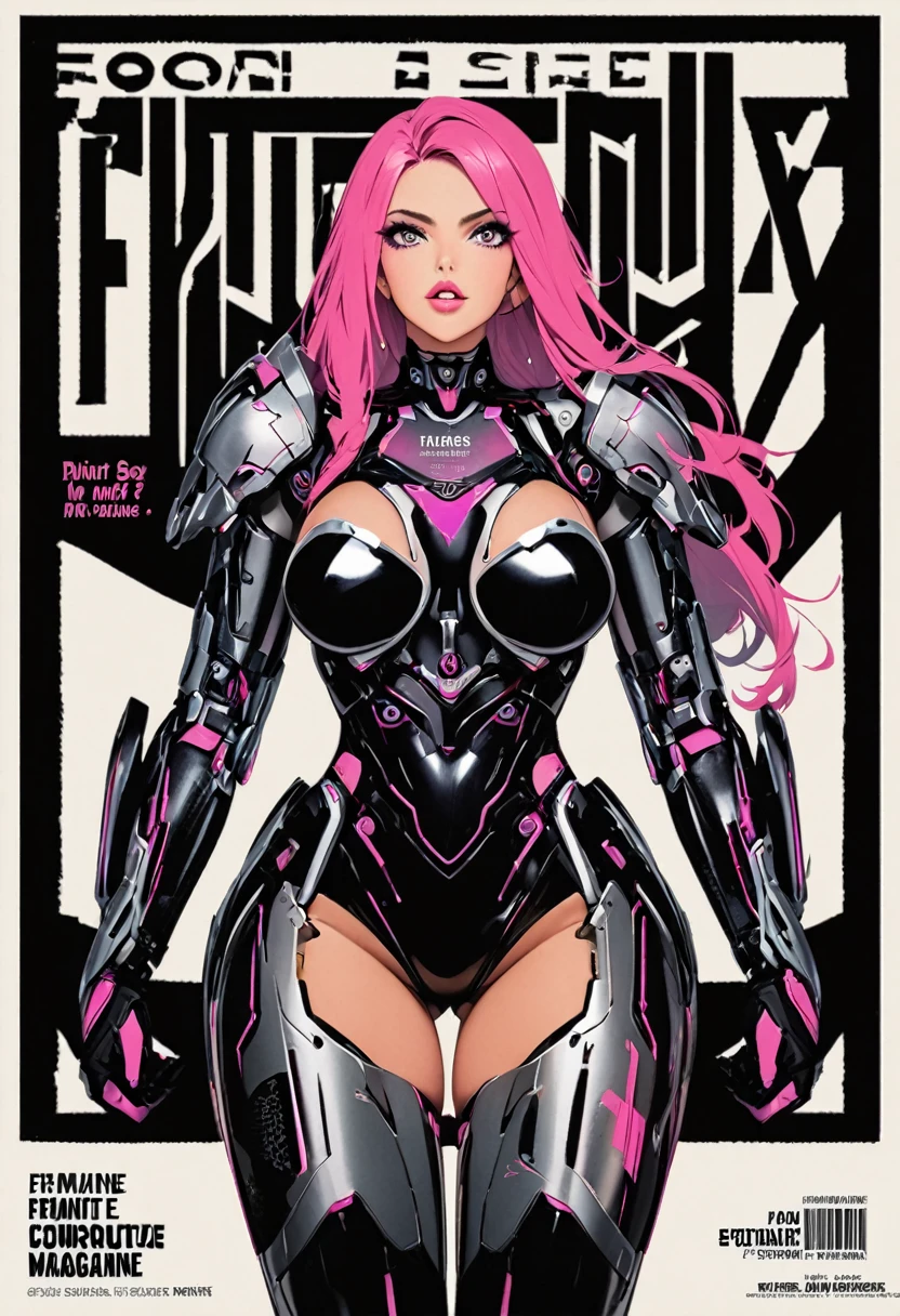 Feminine cyborg, magazine cover, poster art , hint of vibrant, bold sexy text