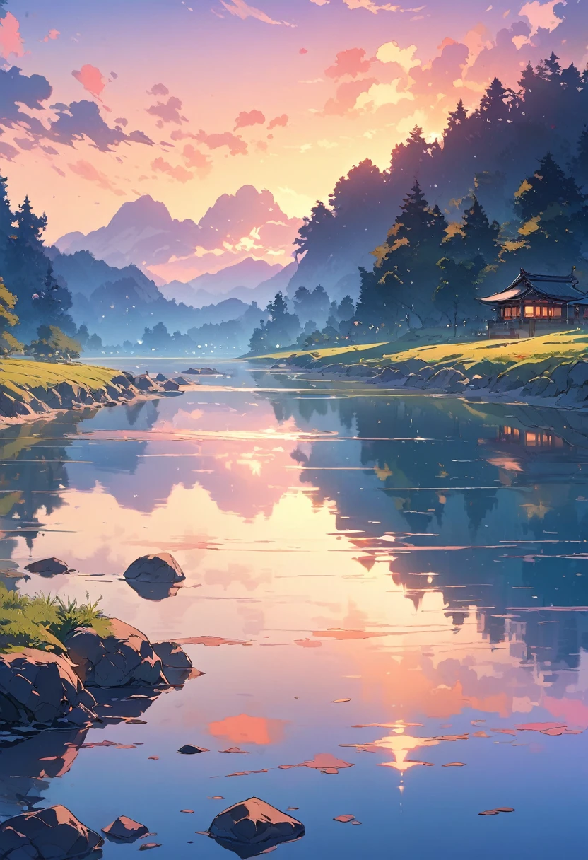 (Highest quality images, masterpiece), Detailed landscape, quiet湖 (Reflecting the vibrant evening sky),Color nuances,quiet.