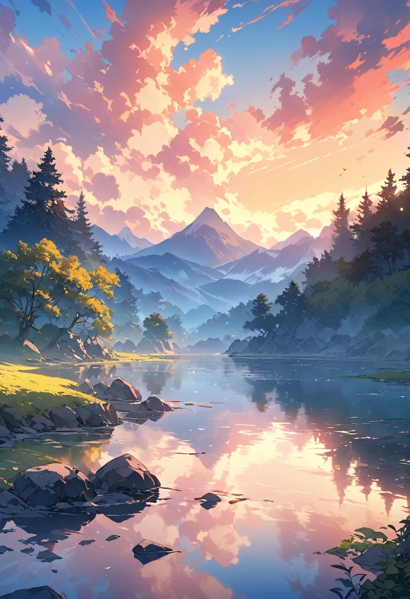 (Highest quality images, masterpiece), Detailed landscape, quiet湖 (Reflecting the vibrant evening sky),Color nuances,quiet.