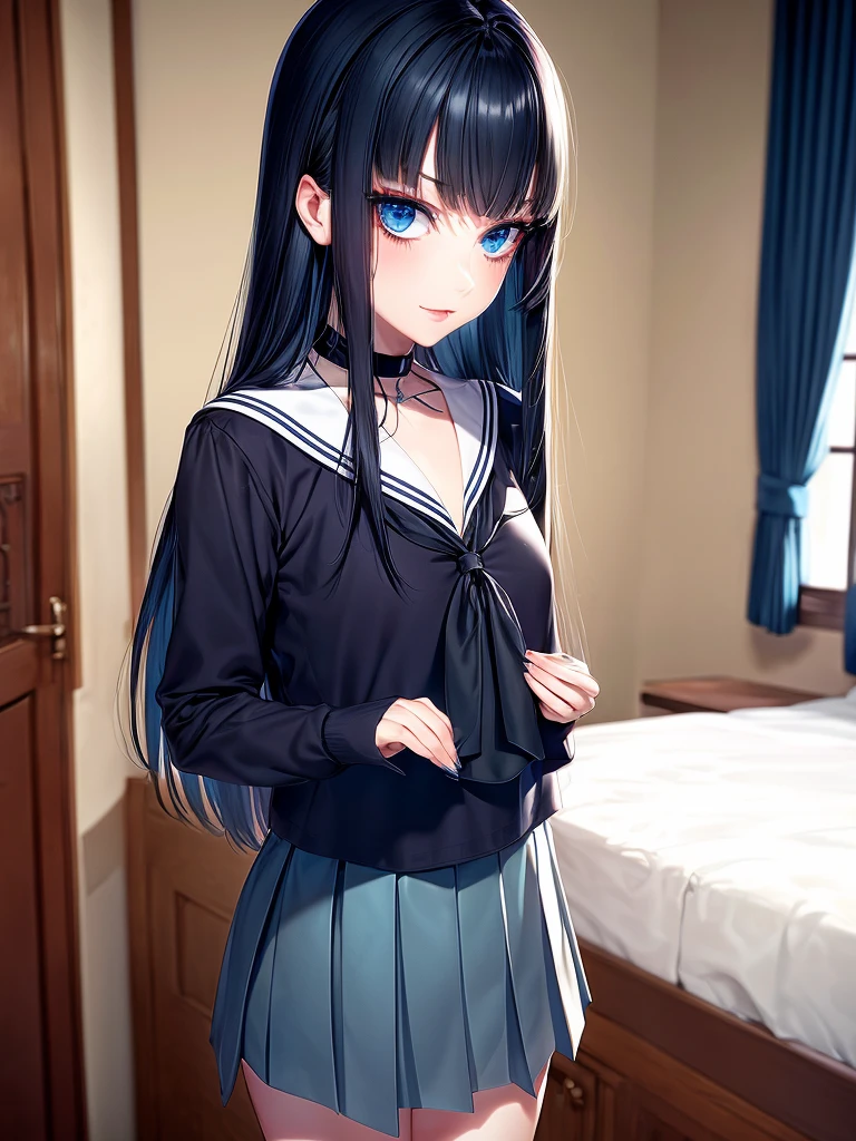 {{masterpiece}}}, {{{UA School Uniform}}}, {{{best quality}}}, {{ultra-detailed}}, {cinematic lighting}, {illustration}, {beautiful detailed eyes}, {1girl} inside a bedroom, extremely detailed character ultra-detailed, detailed face, beautiful young teen, solo, perfect face, perfect eyes, smoky eyeliner, eyeshadow, sharp focus, intricate details, ultra detailed body, ultra detail hair, ultra detail face, long black hair, sadistic face, standing, wearing a white school sailor uniform, wearing a skirt, fair skin, hands at side, looking at viewer, blue eyes, dark blue hair, smirking, slim waist, delicate body, wearing women's clothes, flat chest, average height, sadistic, sharp face, cowboy shot, full body, highly femininize, pale skin, black choker, navy blue pleated skirt, Crea. Una chica con tez clara y ojos color azules amatista,de cabello azul  largo, estilo Boku No Hero Aacademi , saco gris con verde y falda igualmente verde, con las mallas negras y zapatos escolares cafes, mirada seria pero adorable, altura 1.69