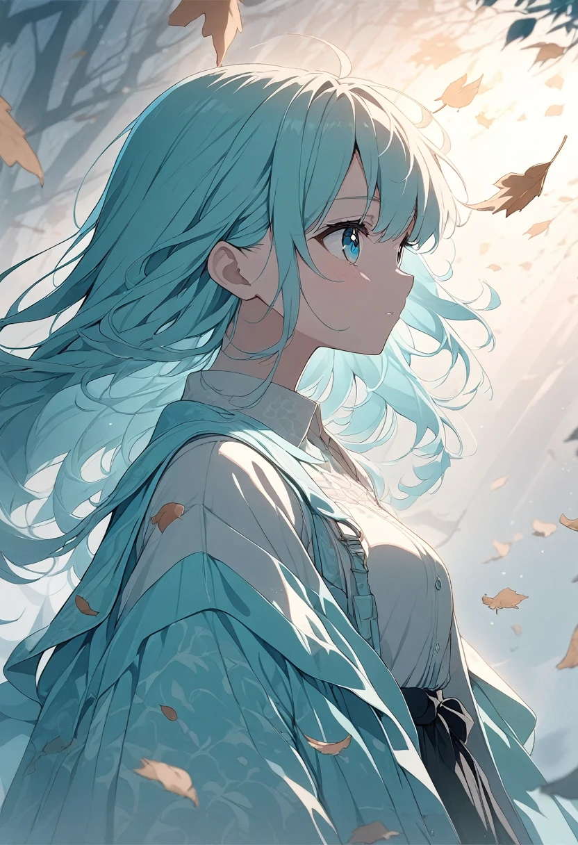 (High detail:1.2)Anime Girls,(Cinema Lighting,Delicate colors),(Fallen leaves:1.2), Subdued lighting, Wind, fog. Turquoise, Delta Shade. Discord Banner