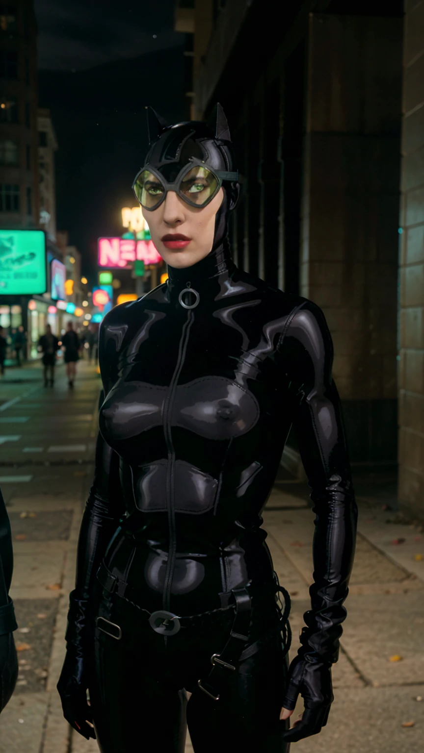 oman costume),catwoman2, (black hair),animal ears,boots,choker,cat ears, collar bell, (black latex bodysuit) ,goggles, neck bell black,(4nn3h-v2), (large breasts), (cleavage),(green eyes), (brown hair), (red lipstick), (eye mask), (newyork street alley), (night time), (at night), (neon signs), (flash photography),