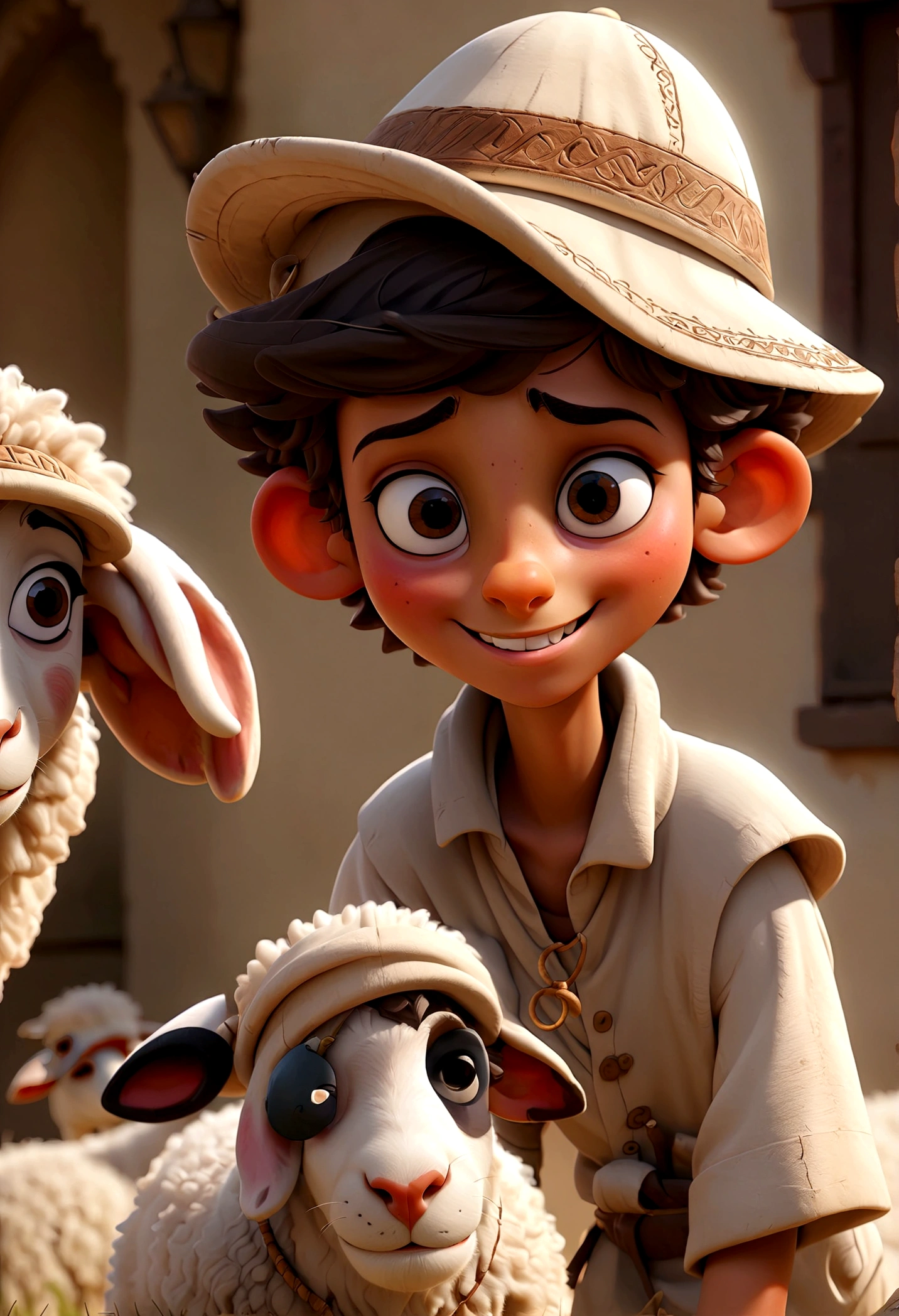a boy stranding with a sheep beside him, wide smile, the boy wearing arabic hat, full body, detailed face, intricate details, highly detailed, cinematic lighting, dramatic shadows, bright atmosphere, digital painting, masterpiece, best quality, very aesthetic