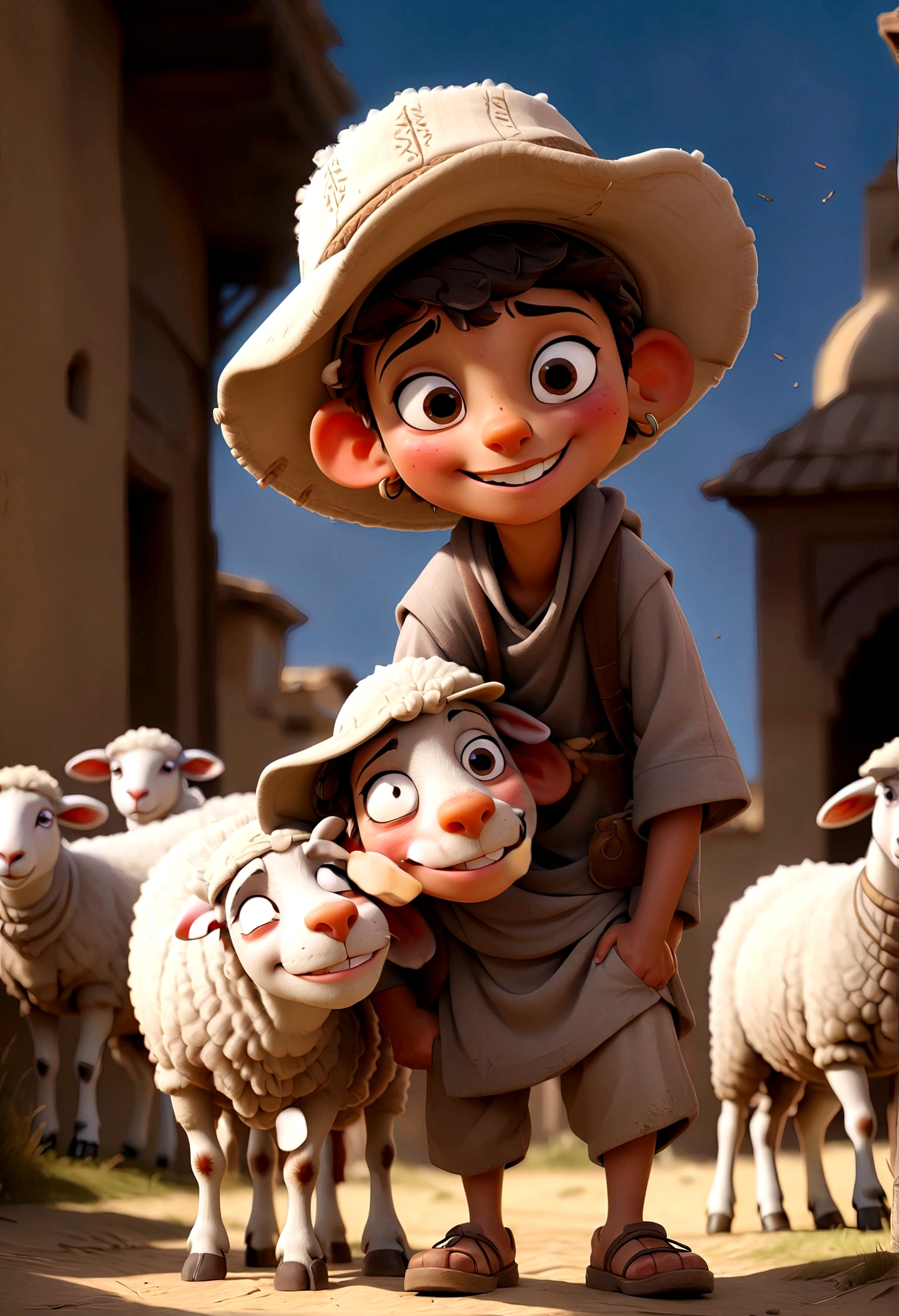 a boy stranding with a sheep beside him, wide smile, the boy wearing arabic hat, full body, detailed face, intricate details, highly detailed, cinematic lighting, dramatic shadows, bright atmosphere, digital painting, masterpiece, best quality, very aesthetic