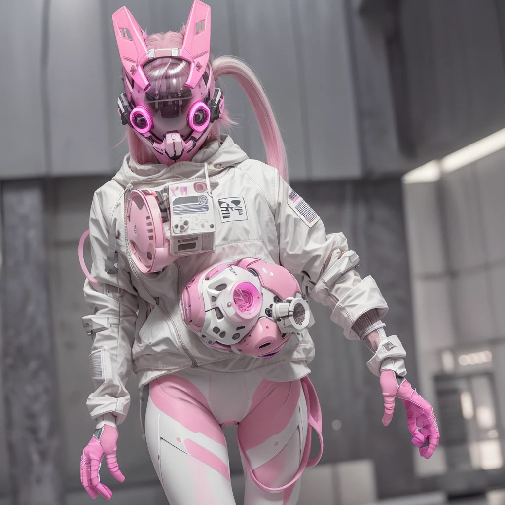 1girl, helmet, Solo, White_Spacesuit, Extra-long_Hair, bangs, The upper part of the body_Body, Pink_Hair, Blurry, Grey_Eyes, Mask, Mouth_Mask, Covered_Mouth, Urban tech clothing, Outfit，Unequal cyber leggings，with light glowing，zipperechanical booties, white blank background