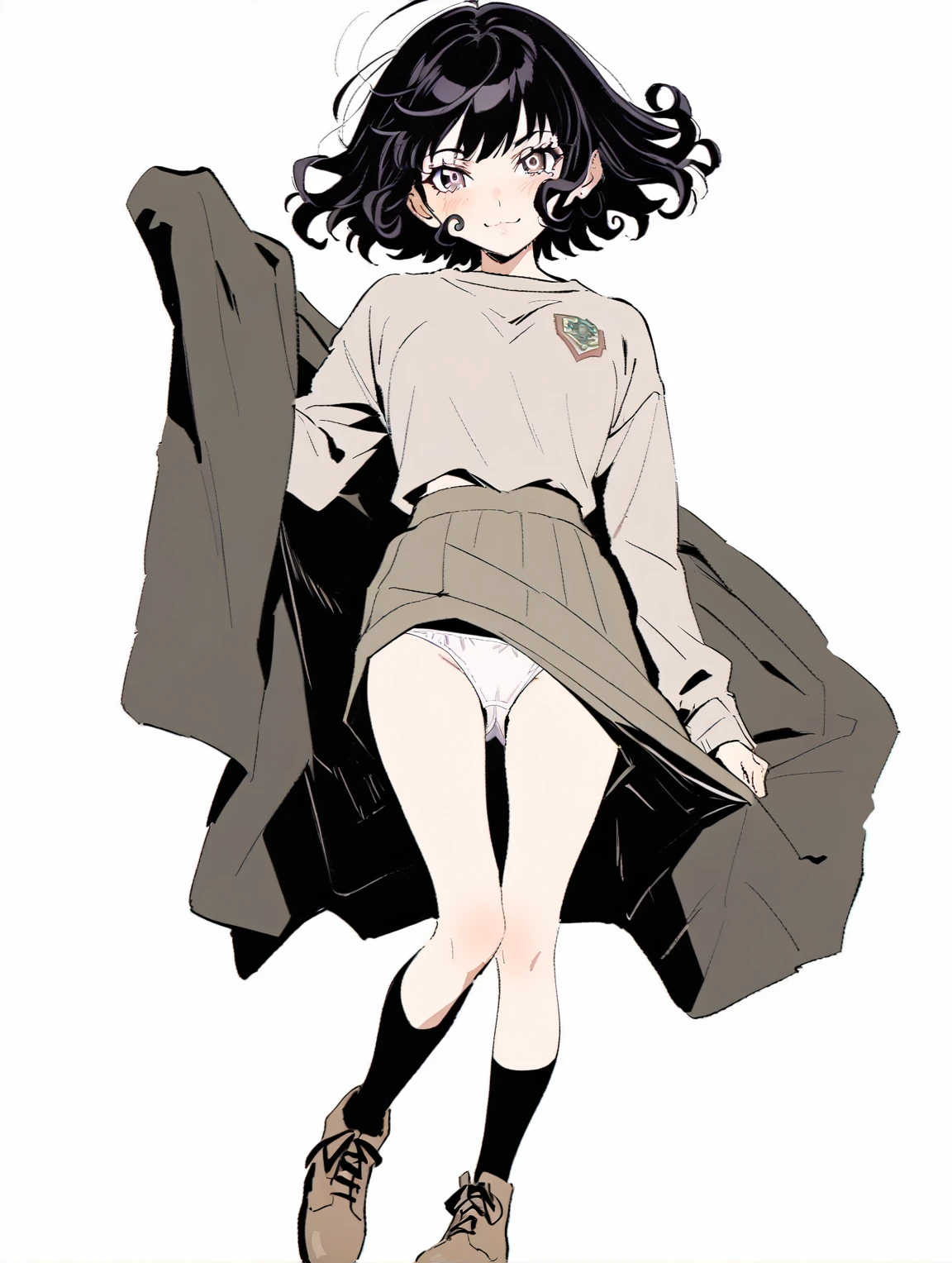 {{{sincos (sincos), no human, full body}}}, 1 girl, beautiful face, smiling, curly black short hair, showing off her panties slightly, looking at viewer, white background, blank background.