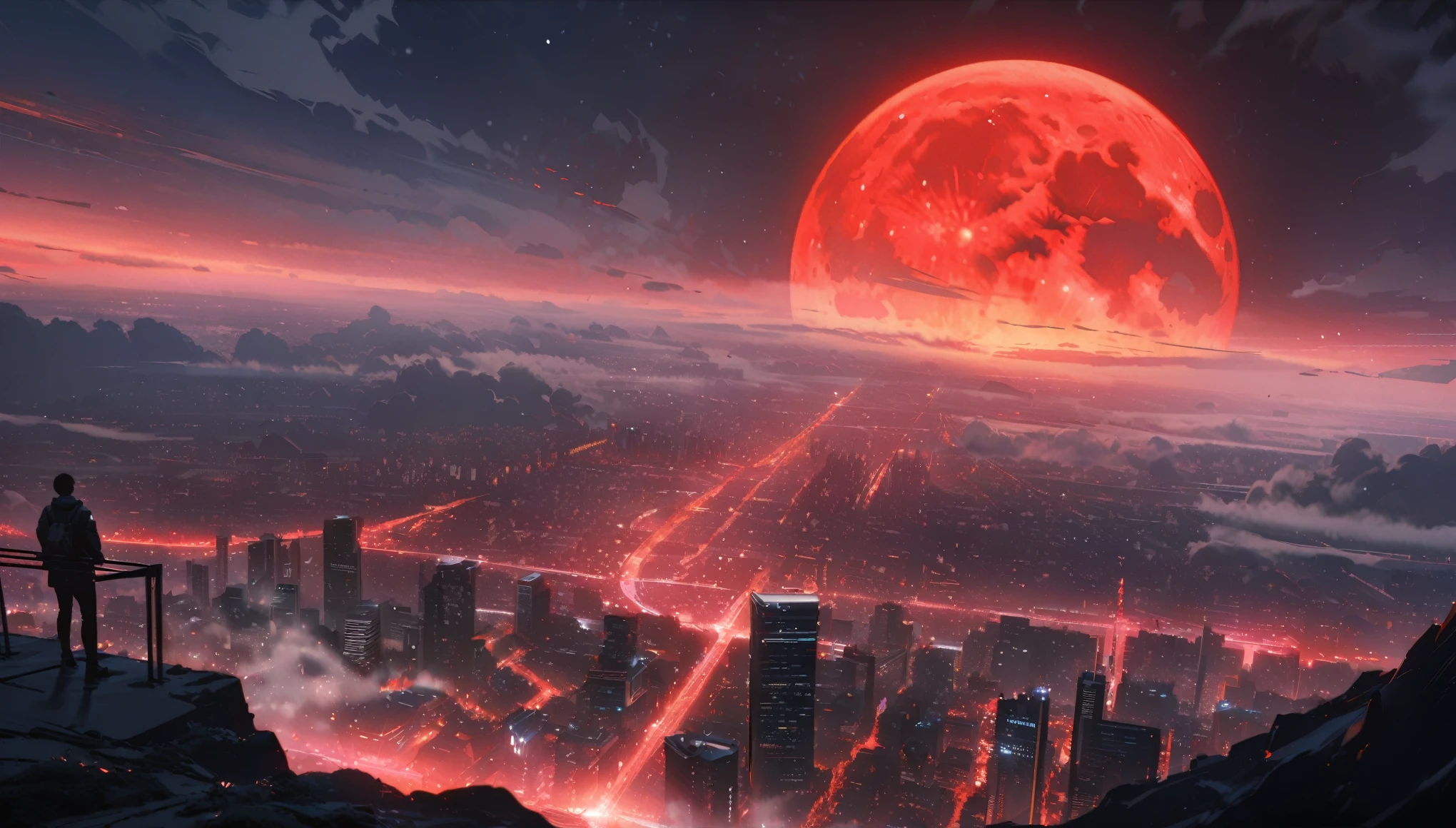 (Perfect Quality), (Red & White), In a flat landscape, (1 moon), (Giant Night Metropolis), (Huge red moon), mist, wide shot, atmospheric perspective, perspective, Masterpiece, highres, HD, 4K, best quality, award winning, high quality, super detail, accurate, masterpiece, UHD
