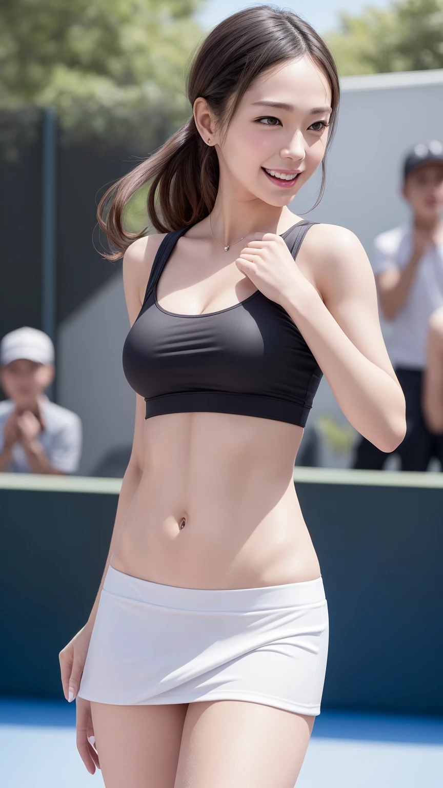 8K quality、High resolution、Realistic skin texture、High resolutionの瞳、woman、Sleeveless tennis wear、Miniskirt with no panties、Princess Hair、thin、Bare crotch、リアルなwoman性器、Small breasts、Blonde、thin脚、Sweating profusely、Sweat accumulates in the chest、Taking a daring bath in the park fountain、Well-groomed navel、slouch、Touching the groin、Ecstatic expression、Shooting from behind