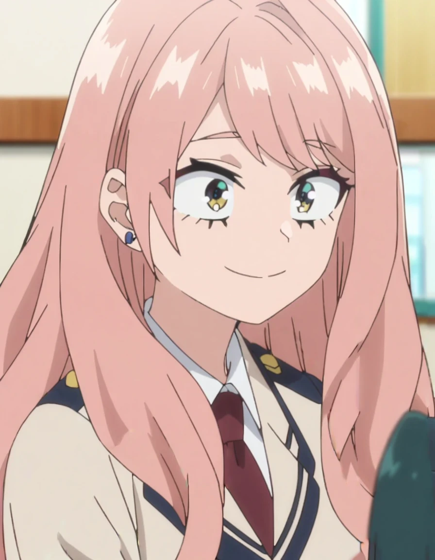 1girl, female focus, my hero academia screencap, boku no hero academia, pink hair, gold eyes, smiling, super long hair, cute, wearing my hero academia , no blazer, in UA school, cute earrings, bangs,
