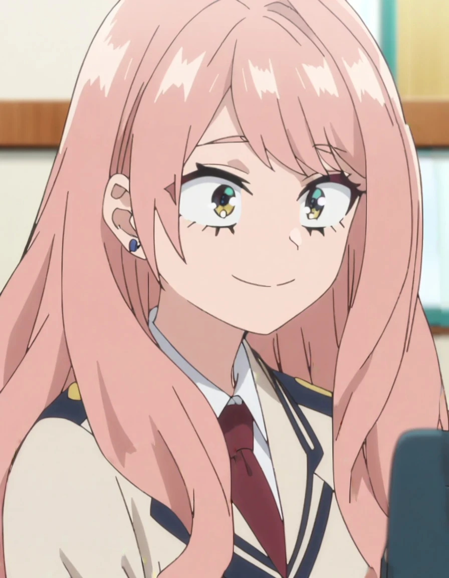 1girl, female focus, my hero academia screencap, boku no hero academia, pink hair, gold eyes, smiling, super long hair, cute, wearing my hero academia , no blazer, in UA school, cute earrings, bangs,
