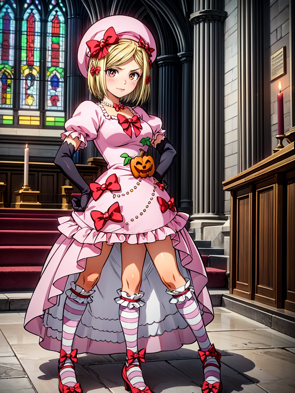 (1 lady), The beautiful, (Best quality at best:1.4), (ultra - detailed), (extremely detailed CG unified 16k), gold blonde hair, very detailed, High-definition RAW color photo, professional photoshooting, amazing face and eyes, cosmetics, (amazingly beautiful girl), ((lambdadelta, tall woman, taller)), ((dress, shoes bow, red shoes, striped stockings, red bow, pink hat, necklace, gloves, pearl, pumpkin brooch, pink dress)), standing, sexyposture，(Dark and stylish cathedral, stained glass, altar, before the altar, candle lights, candle lights:1.3), (look from down), realistic cinematic face, head to feet long wide zoomed out view, full body long view, photorealistic, ((realistic natural blonde hair style, honey eyes)), gorgeous, extremely beautiful face, perfect model beauty, pout mouth, flirting smile, cleavages, city girl, western, shopping in the city, (masterpiece), best quality, high resolution, extremely detailed, blurred background, depth of field, cinematic lighting, (amazing legs, strong legs, athletic legs), high heels, clear and well-cared skin