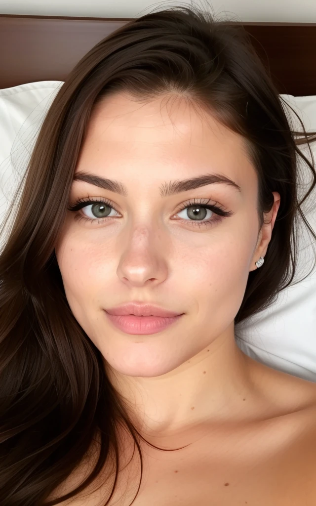 jolie belle brune, Face avant, sur un lit, Angle parfait, 23 ans, nue, sexy, visage affectueux, cheveux longs, yeux marrons, high resolution, chef-d'artwork, best quality,intricate details, very detailed,sharpness, Texture de peau parfaite, detailed eyes, Professionnel, 4K, shot with Canon, 85mm,faible profondeur de champ,Couleur Kodak Vision, eye shadow, extremely detailed, photo_\(ultra\), photorealistic, realistic, Post-traitement, maximum detail, roughness, vrai vie, ultra realistic, photorealism, la photographie, 8K UHD, la photographie