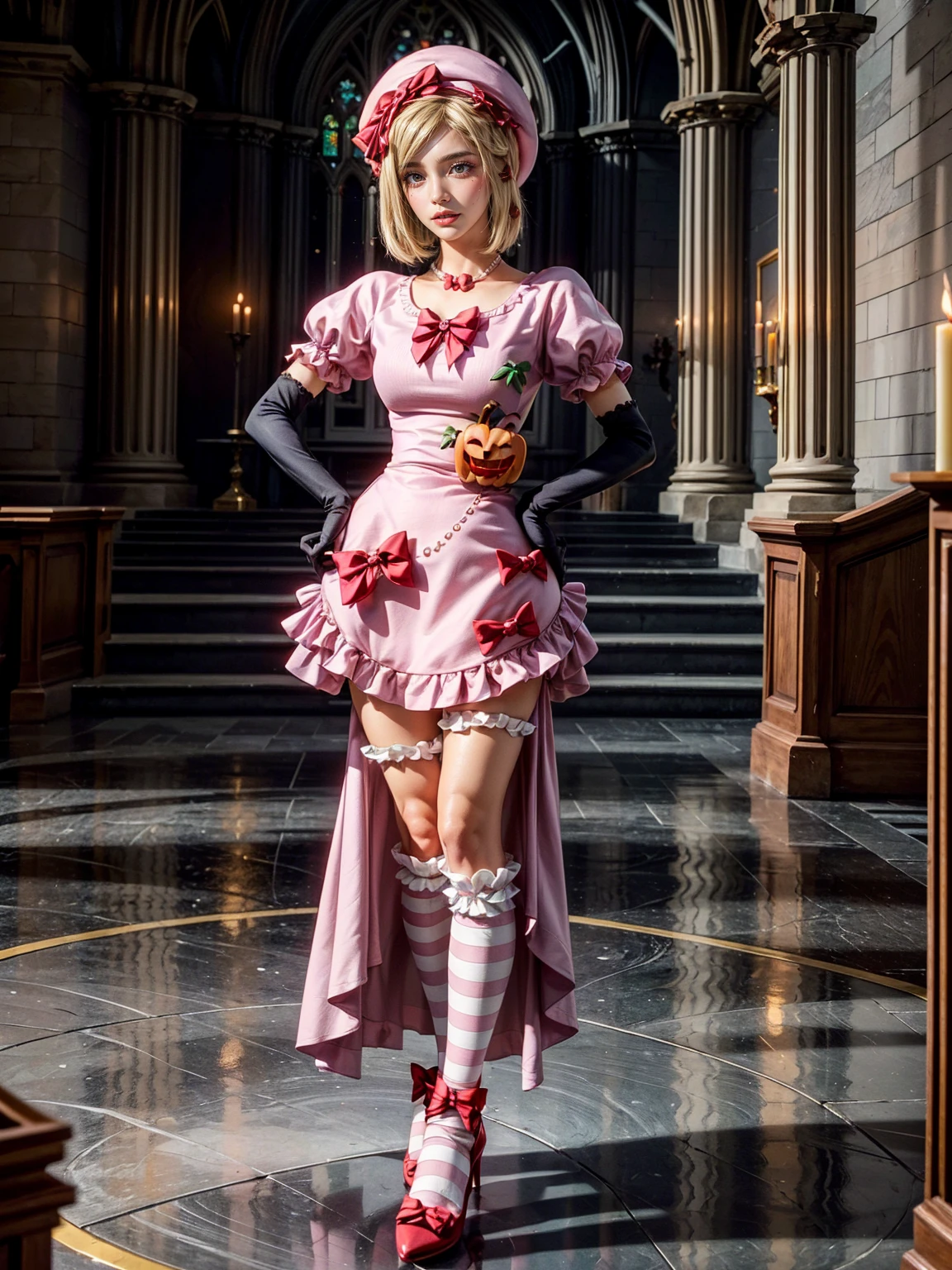 (1 lady), The beautiful, (Best quality at best:1.4), (ultra - detailed), (extremely detailed CG unified 16k), gold blonde hair, very detailed, High-definition RAW color photo, professional photoshooting, amazing face and eyes, cosmetics, (amazingly beautiful girl), ((lambdadelta, tall woman, taller)), ((dress, shoes bow, red shoes, striped stockings, red bow, pink hat, necklace, gloves, pearl, pumpkin brooch, pink dress)), standing, sexyposture,(Dark and stylish cathedral, stained glass, altar, before the altar, candle lights, candle lights:1.3), (look from down), realistic cinematic face, head to feet long wide zoomed out view, full body long view, photorealistic, ((realistic natural blonde hair style, honey eyes)), gorgeous, extremely beautiful face, perfect model beauty, pout mouth, flirting smile, cleavages, city girl, western, shopping in the city, (masterpiece), best quality, high resolution, extremely detailed, blurred background, depth of field, cinematic lighting, (amazing legs, strong legs, athletic legs), high heels, clear and well-cared skin