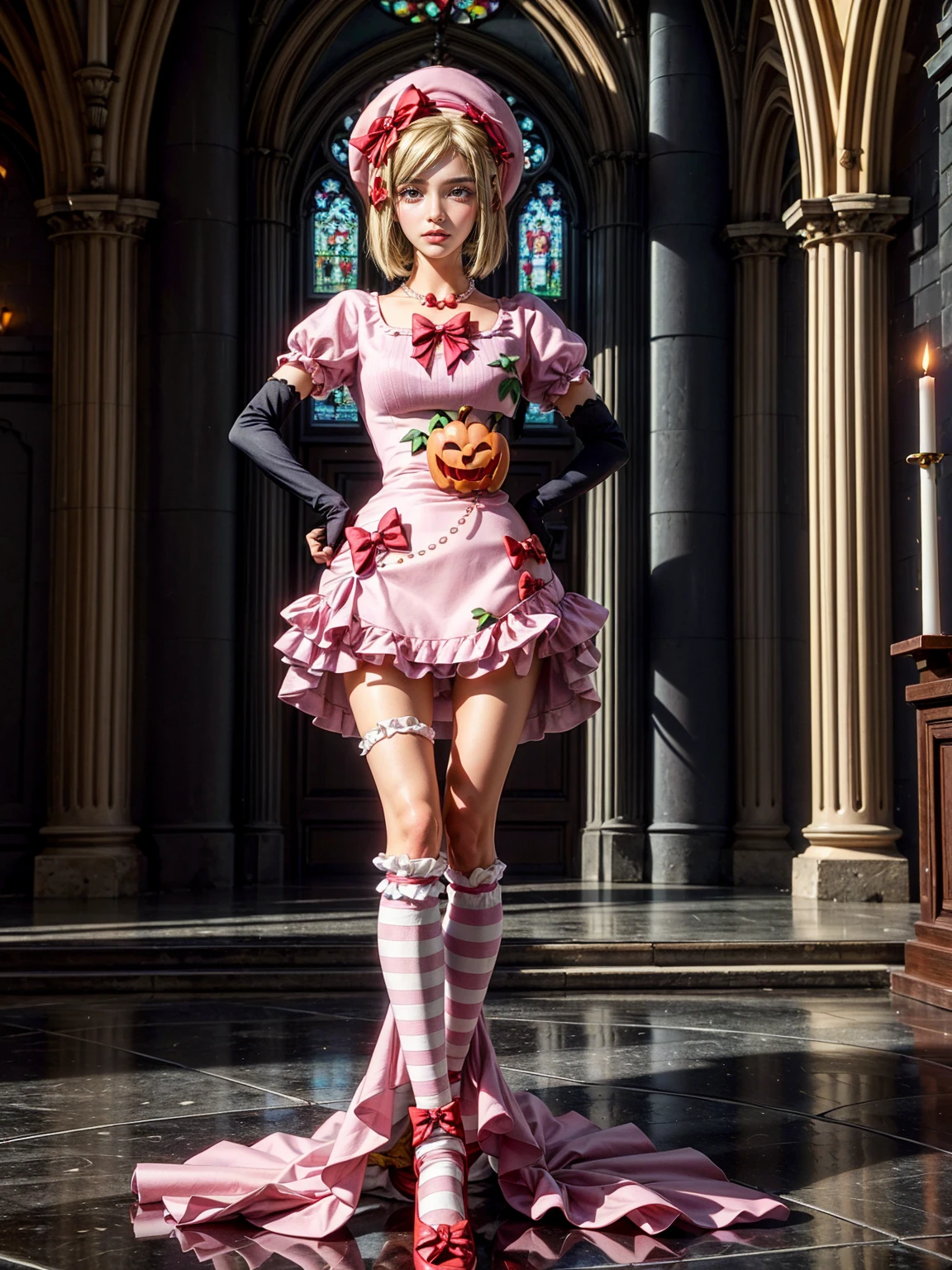(1 lady), The beautiful, (Best quality at best:1.4), (ultra - detailed), (extremely detailed CG unified 16k), gold blonde hair, very detailed, High-definition RAW color photo, professional photoshooting, amazing face and eyes, cosmetics, (amazingly beautiful girl), ((lambdadelta, tall woman, taller)), ((dress, shoes bow, red shoes, striped stockings, red bow, pink hat, necklace, gloves, pearl, pumpkin brooch, pink dress)), standing, sexyposture，(Dark and stylish cathedral, stained glass, altar, before the altar, candle lights, candle lights:1.3), (look from down), realistic cinematic face, head to feet long wide zoomed out view, full body long view, photorealistic, ((realistic natural blonde hair style, honey eyes)), gorgeous, extremely beautiful face, perfect model beauty, pout mouth, flirting smile, cleavages, city girl, western, shopping in the city, (masterpiece), best quality, high resolution, extremely detailed, blurred background, depth of field, cinematic lighting, (amazing legs, strong legs, athletic legs), high heels, clear and well-cared skin