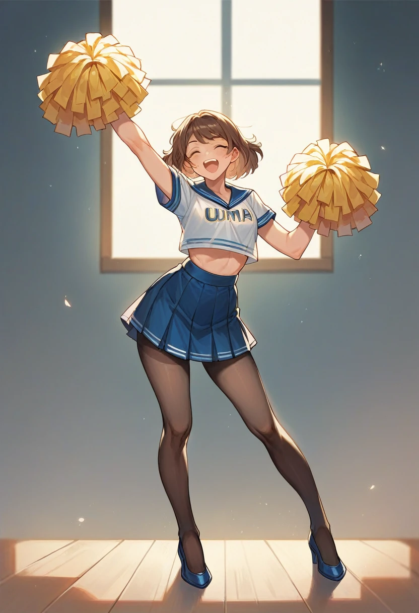 Full length portrait McKenna Grace University of Michigan cheerleader uniform sheer tan pantyhose navy blue high heels holding pompoms cheering in a studio photo shoot
