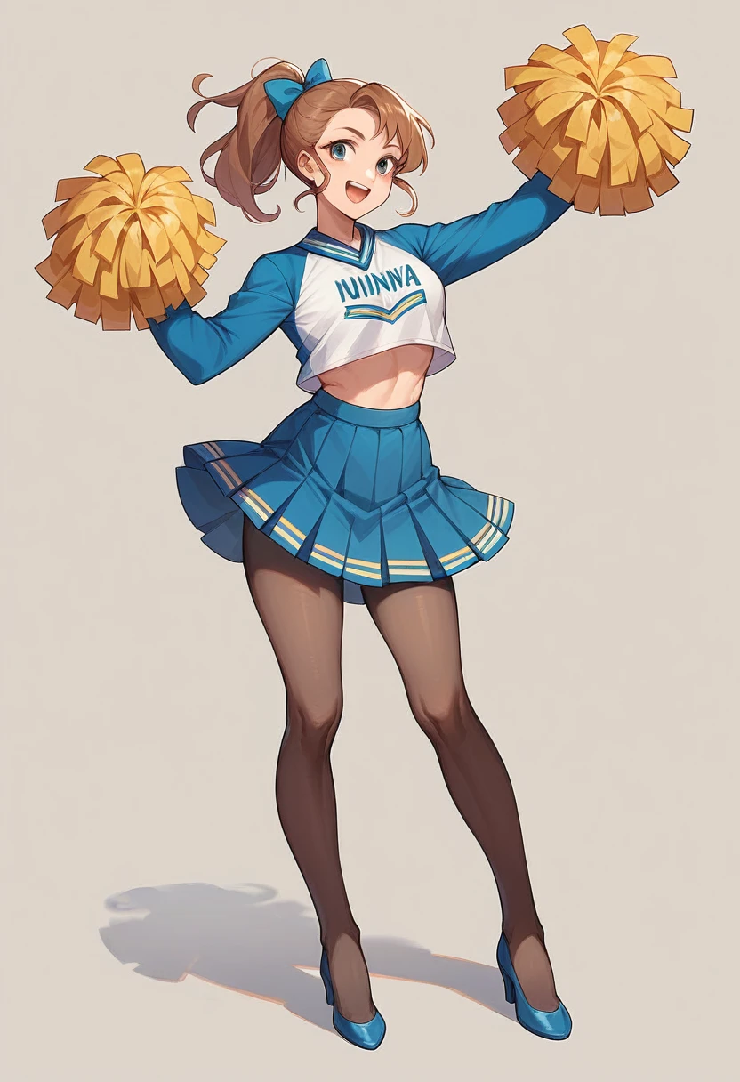 Full length portrait McKenna Grace University of Michigan cheerleader uniform sheer tan pantyhose navy blue high heels holding pompoms cheering in a studio photo shoot