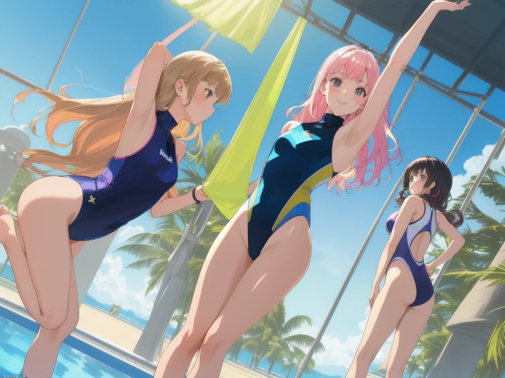 Best image quality, 8k, high quality, ((masterpiece)), (High detail), 　(((Perfect Anatomy, Perfect Style))),　The background is a bit blurry, Depth of written boundary, Portraiture, Open Stance, (Mature Woman), (Cute illustrations:1.2), Poolside, (Multiple girls with different hair colors and styles:1.2), (Three Girls　1 person in the middle　Others are on both sides),　Approaching the camera　Leg spread)，　(Dawn, Beautiful light, Professional Lighting, (Small breasts), (One-piece turtleneck shine color high leg　Glossy competitive swimsuit　Colorful and subtle design), sexy, Dynamic pose, Fun atmosphere, smile, Innocence、　Dynamic Angle, ((Armpits:1.2)), barefoot, Photographed looking up from the ground　Close-up of the girl in the middle&#39;s crotch、((Swimsuits are tight fitting and wrinkled:1.2))、Her whole body was wet and shiny like she&#39;d been oiled.、Outdoor pool with blue sky、　The sunlight is pouring down and the swimsuit is shining.、　bright