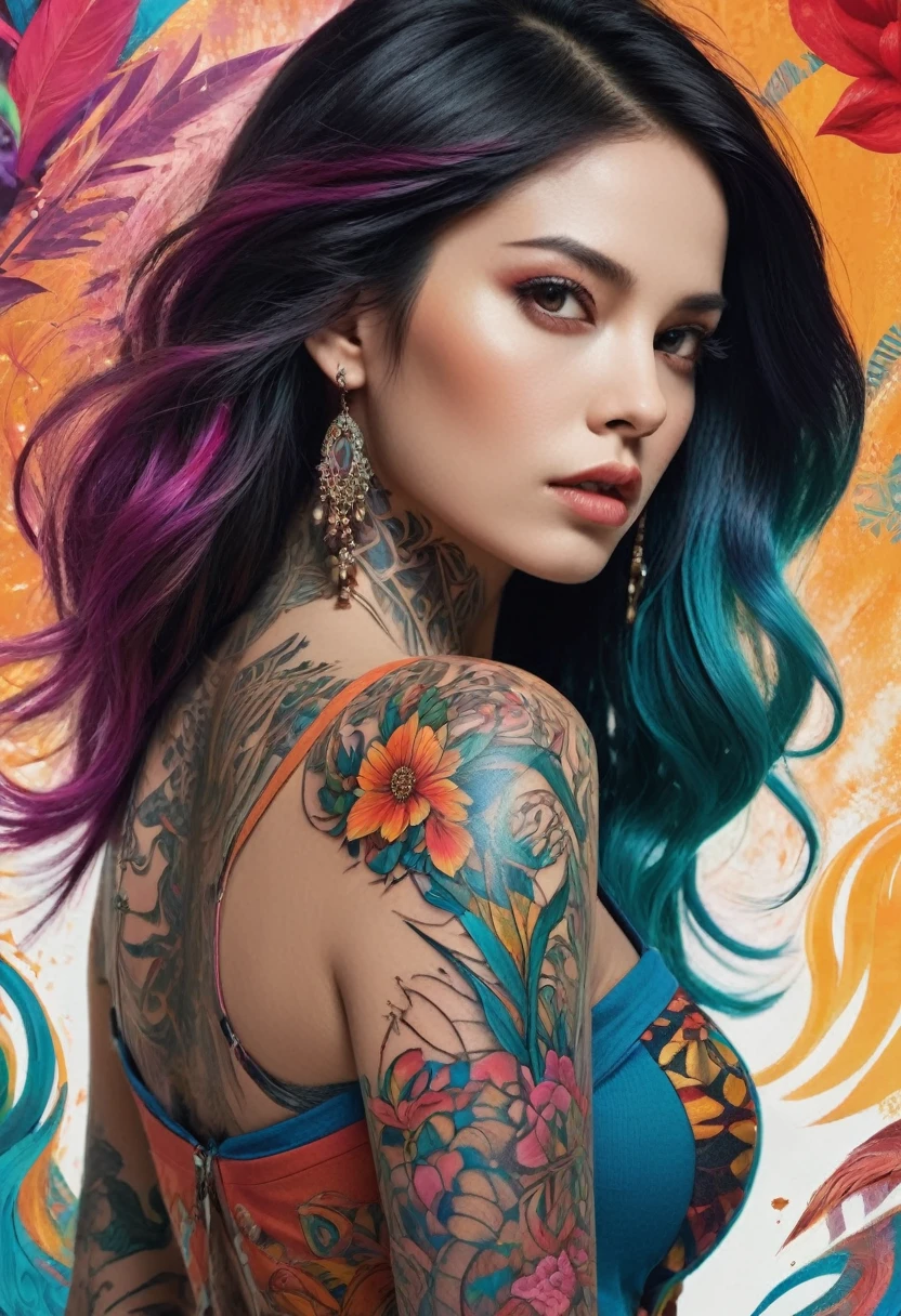 prompt:Eclectic fusion of a woman's portrait with vibrant digital overlays, juxtaposed traditional tartan patterns, botanical elements, and tattoo aesthetics against a neon blue backdrop aspect:2:3 format:Image