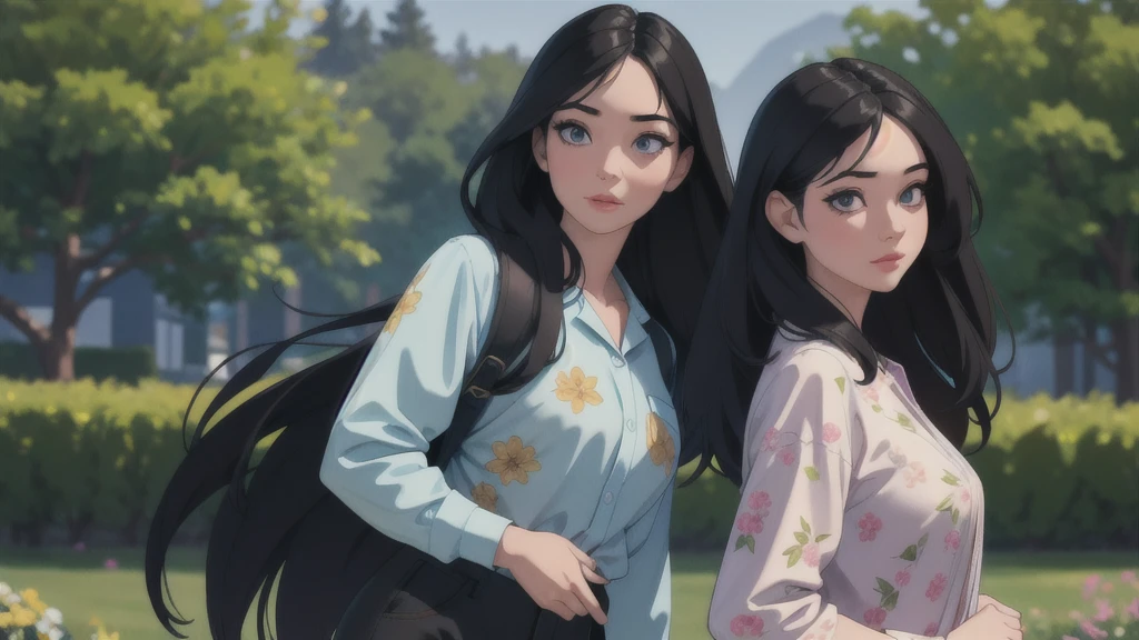 1 girl, detailed realistic eyes, detailed realistic lips, long eyelashes, long black hair, sunlight, outdoor scene, long-sleeved floral print shirt, black pants with side pockets, best quality, 4k, 8k, highres, masterpiece, ultra-detailed, realistic, photorealistic, photo-realistic, HDR, UHD, studio lighting, ultra-fine painting, sharp focus, physically-based rendering, extreme detail description, professional, vivid colors, bokeh, portrait
