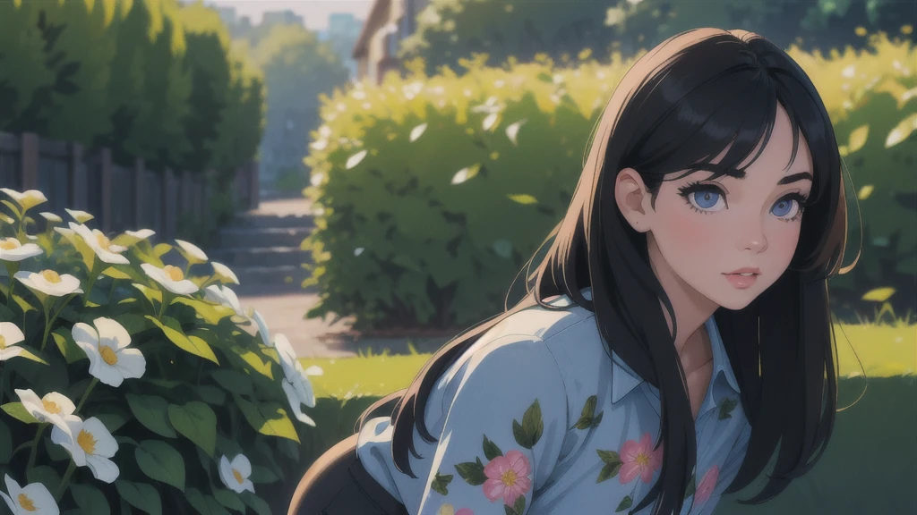 1 girl, detailed realistic eyes, detailed realistic lips, long eyelashes, long black hair, sunlight, outdoor scene, long-sleeved floral print shirt, black pants with side pockets, best quality, 4k, 8k, highres, masterpiece, ultra-detailed, realistic, photorealistic, photo-realistic, HDR, UHD, studio lighting, ultra-fine painting, sharp focus, physically-based rendering, extreme detail description, professional, vivid colors, bokeh, portrait