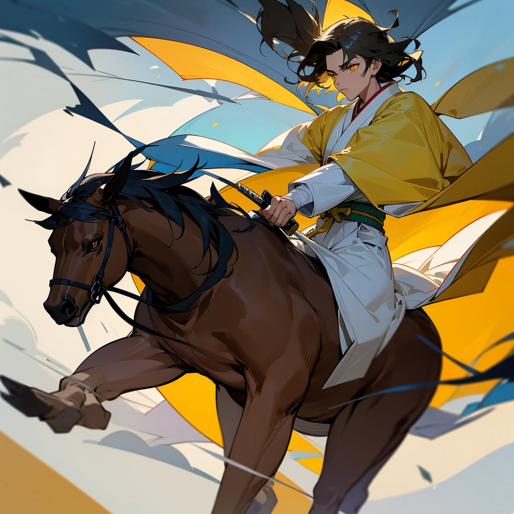 espadachim com postura confiante e olhar determinado. Ele tem cabelos longos presos em um rabo de cavalo alto, that sways gently in the wind. His yellow eyes shine with an air of mystery and intensity.. Your body is well defined, with muscles visible under traditional Japanese-style clothing adapted for battle. The katana he holds is elegant and deadly, with an impeccably sharp blade and a handle that appears to be made from noble materials