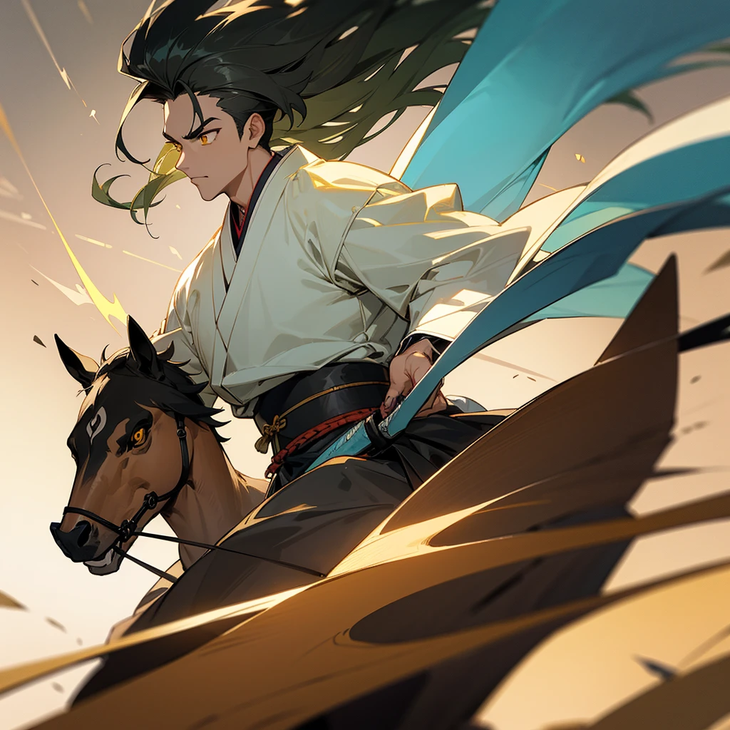 espadachim com postura confiante e olhar determinado. Ele tem cabelos longos presos em um rabo de cavalo alto, that sways gently in the wind. His yellow eyes shine with an air of mystery and intensity.. Your body is well defined, with muscles visible under traditional Japanese-style clothing adapted for battle. The katana he holds is elegant and deadly, with an impeccably sharp blade and a handle that appears to be made from noble materials