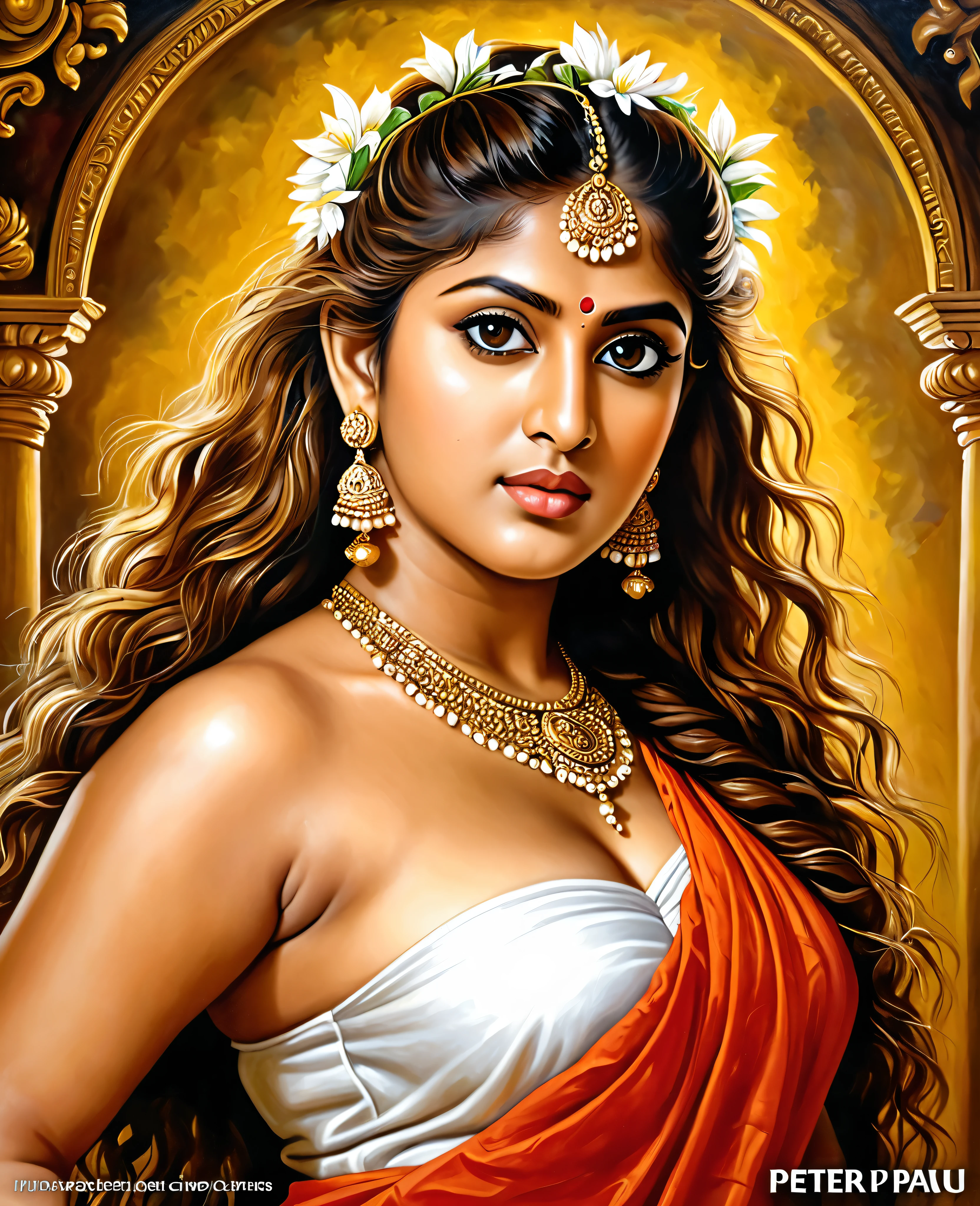 Looks like Nayanthara, exotic Indian art, oviyar maruthi style painting, Masterpiece, Beautiful Thick Woman, Best quality, high clarity eyes, critically flawless,sharp picture, Full portrait, High pixels, perfect face, perfect eyes, beautiful face, perfect hands,perfect fingers, in Peter Paul Rubens style, by Peter Paul Rubens, baroque style, acrylic on canvas, highly detailed, description: "Create a nymph inspired by the tales of Greek or Roman mythology, embodying the essence of a natural element or location, and possessing a unique ability or trait that sets her apart."