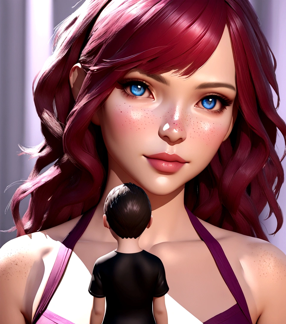 a close up of a giant woman with a red hair and a blue eyes, cinematic beautiful natural skin, cinematic realistic portrait, photorealistic skin tone, light cute freckles, photorealistic skin texture, soft freckles, realistic face moody lighting, light freckles, realistic skin shader, realistic maya, daz3d genesis iray shaders, photorealistic beautiful face, amazing photorealistic graphics