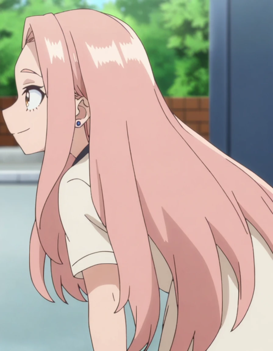 1girl, female focus, my hero academia screencap, boku no hero academia, pink hair, gold eyes, smiling, super long hair, cute, wearing my hero academia , in UA school, cute earrings, bangs, facing forward, 
