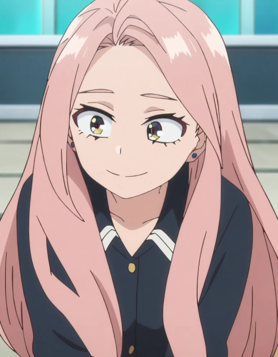 1girl, female focus, my hero academia screencap, boku no hero academia, pink hair, gold eyes, smiling, super long hair, cute, wearing my hero academia , in UA school, cute earrings, bangs, facing forward, 
