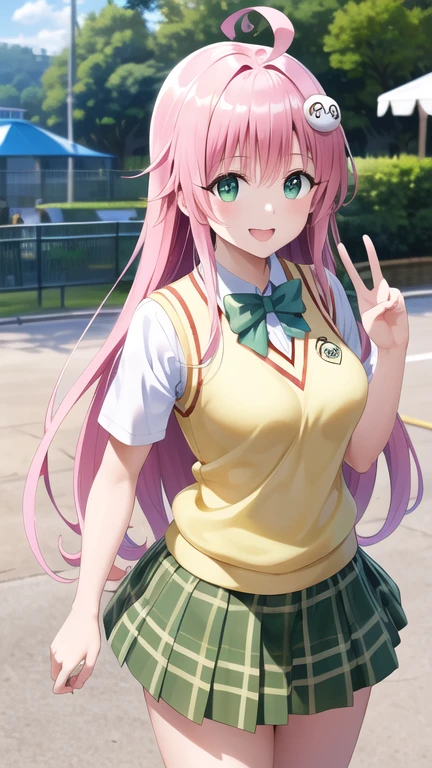 masterpiece, best quality, highres, aalala, long hair, ahoge, hair ornament, green eyes, breasts, , green bowtie, collared shirt, white shirt, sweater vest, yellow vest, short sleeves, plaid skirt, green skirt, peace sign, amusement park, smile, standing