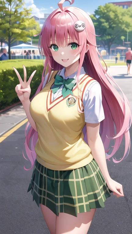 masterpiece, best quality, highres, aalala, long hair, ahoge, hair ornament, green eyes, breasts, , green bowtie, collared shirt, white shirt, sweater vest, yellow vest, short sleeves, plaid skirt, green skirt, peace sign, amusement park, smile, standing