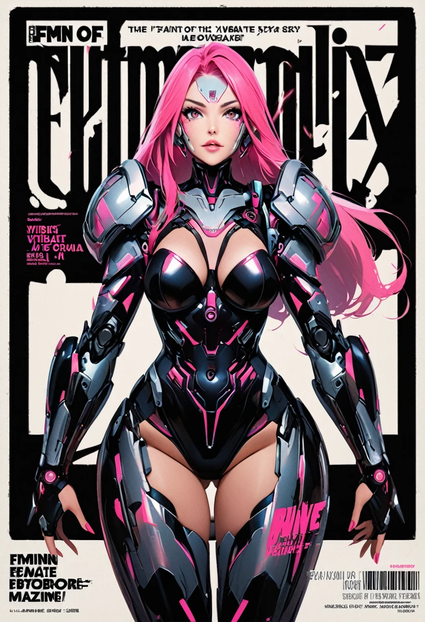 Feminine cyborg, magazine cover, poster art , hint of vibrant, bold sexy text