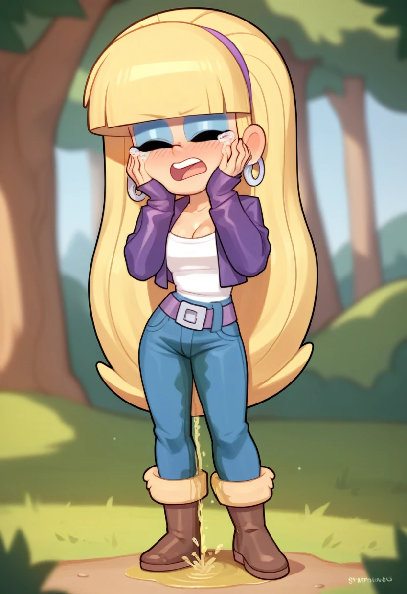 ((1girl, solo, chibi, large head, short stature)) masterpiece,best quality, highly detailed, pacifica northwest from gravity falls, 1girl, solo, cleavage, blonde hair, long hair, earrings, jewelry, makeup,, blue eyeshadow, boots, looking at viewer, blunt bangs, bangs, long hair, belt, hoop earrings,  purple jacket, blushing, standing, full body, brown boots,((seen from below, dynamic angle)) , purple hairband, forest background, standing, ((light blue jeans)), ((wetting self, pee stains, puddle)), ((hands on cheeks, closed eyes, crying, sobbing, open mouth))