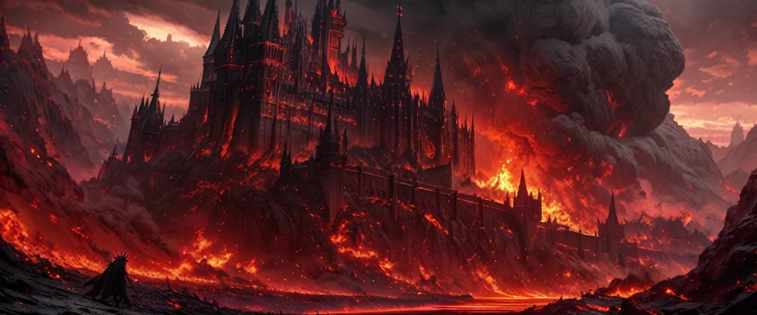 detailed, dark red clouds, hellscape, dark open space, 4k, very detailed, realistic, horrifing spiky environment, wide painting, hell, red flames, black gothic castle, huge buildings, dark figures everywhere, black mist everywhere