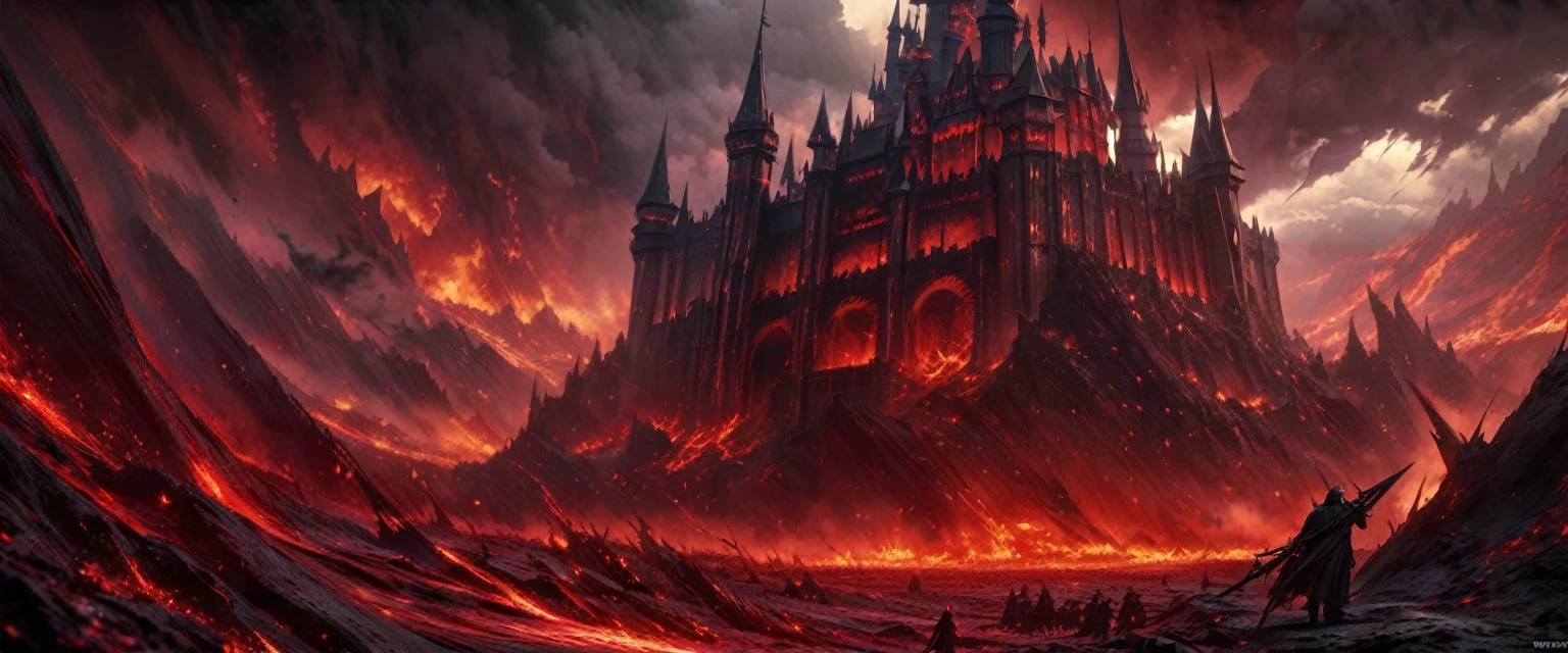 detailed, dark red clouds, hellscape, dark open space, 4k, very detailed, realistic, horrifing spiky environment, wide painting, hell, red flames, black gothic castle, huge buildings, dark figures everywhere, black mist everywhere