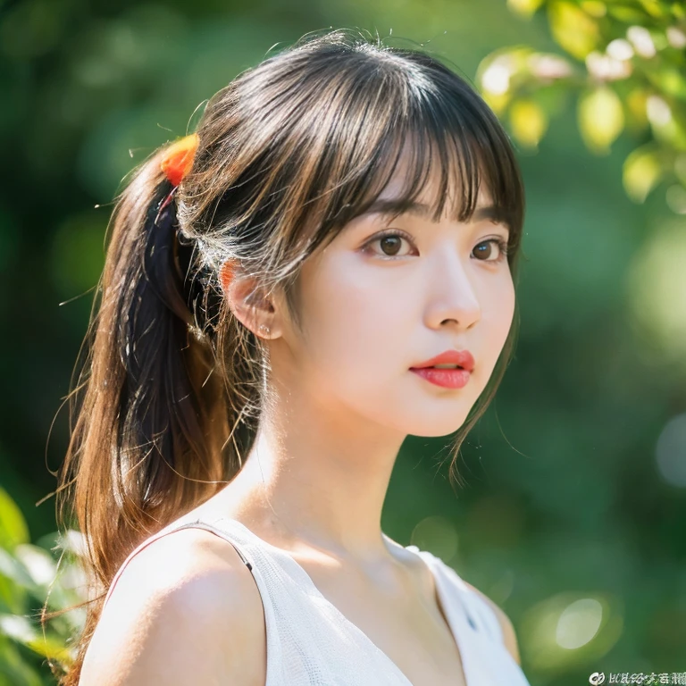 Japanese girl,looking at viewer,), (Highest quality:1.4 3 D 8K, 45,000,000,000 pixels,),(Masterpiece:1.3),(sharp focus:1.2),Japanese girl, (Highest quality:1.4),(Masterpiece:1.3),(sharp focus:1.2), (Virtual image:1.4),(Beautiful woman in perfect style:1.4) , Semi-long ponytail with bangs),glowing face,full body photo,(Red cheeks:1.3), Standing and walking outdoors in the countryside